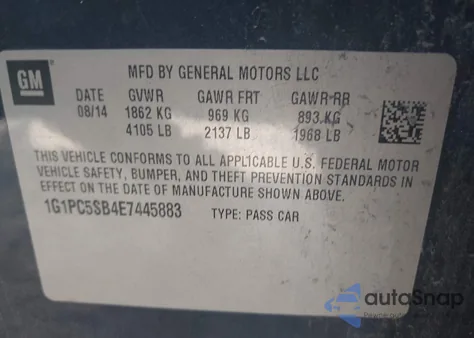 2014 Chevrolet Cruze 1Lt Auto from USA, damaged, VIN 1G1PC5SB4E7445883